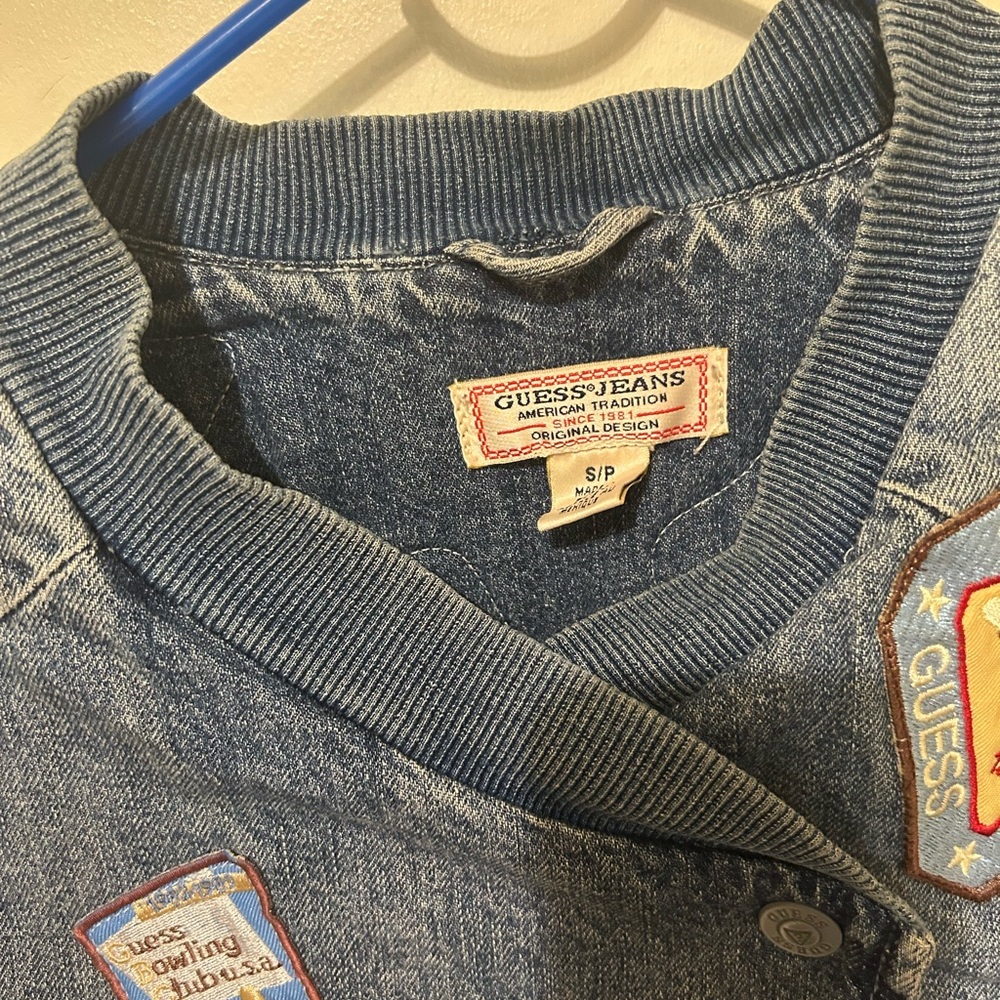 Vintage GUESS Blue Denim Patchwork Jacket S Asymmetrical Bomber - Picture 5 of 12